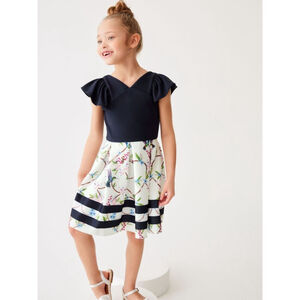 Baker by Ted Baker 13 Years Frilled Sleeve Scuba Dress Navy Hummingbird Floral